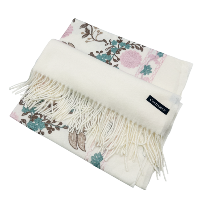 Esarfa tip Poncho cu broderie si franjuri Cashmere CHLOE, Alb ivoire [4]
