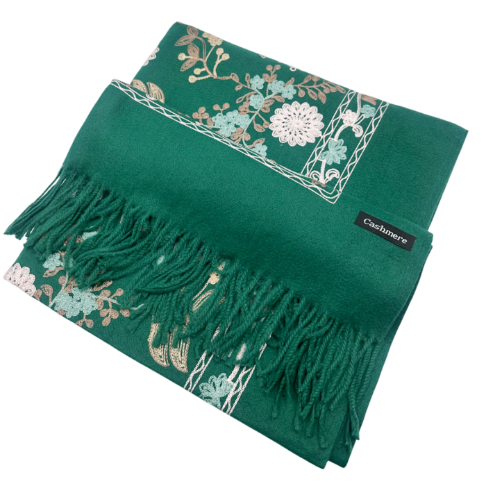 Esarfa tip Poncho cu broderie si franjuri Cashmere CHLOE, Verde [2]