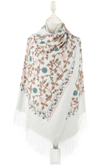 Esarfa tip Poncho cu broderie si franjuri Cashmere CHLOE, Alb ivoire [1]