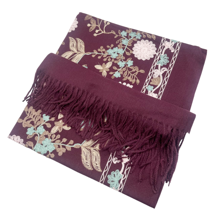 Esarfa tip Poncho cu broderie si franjuri Cashmere CHLOE, Mov sangria [2]