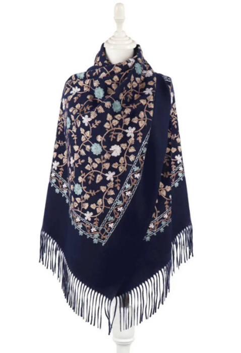 Esarfa tip Poncho cu broderie si franjuri Cashmere CHLOE, Mov sangria [4]