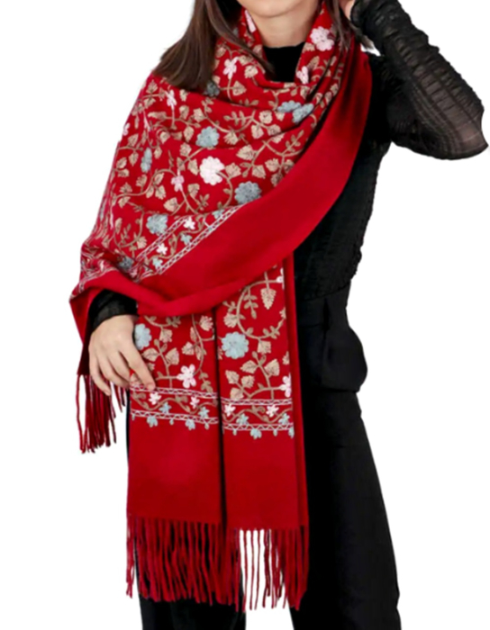 Esarfa tip Poncho cu broderie si franjuri Cashmere CHLOE, Rosu [5]