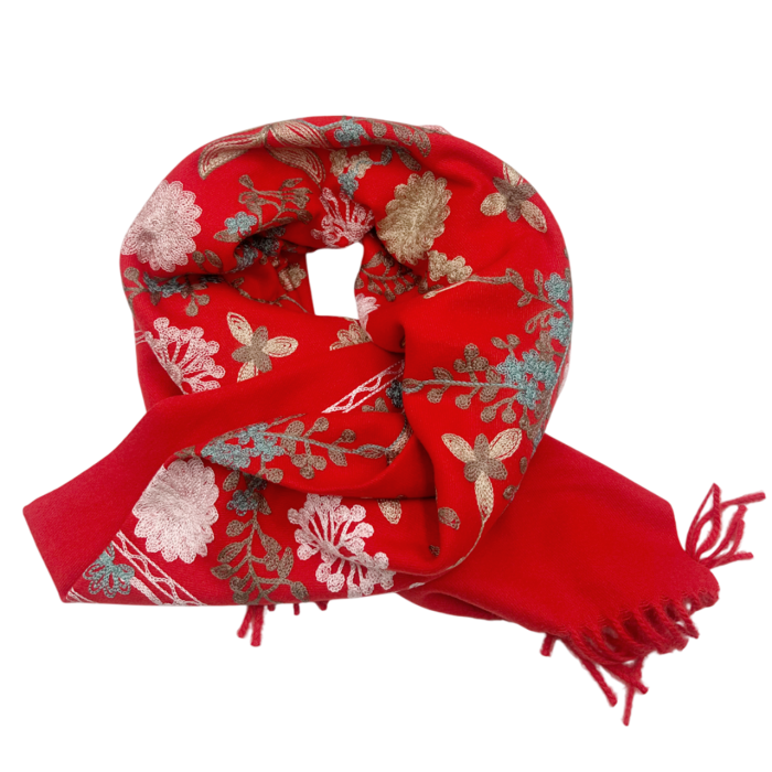 Esarfa tip Poncho cu broderie si franjuri Cashmere CHLOE, Rosu [2]