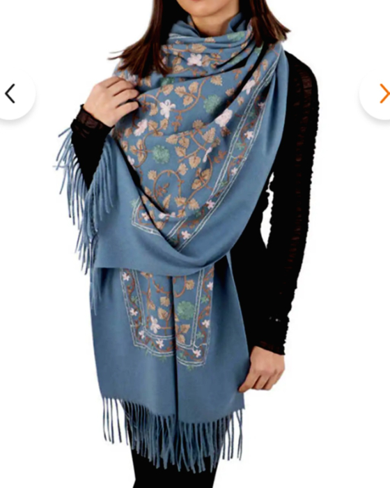 Esarfa tip Poncho cu broderie si franjuri Cashmere CHLOE, Albastru [5]