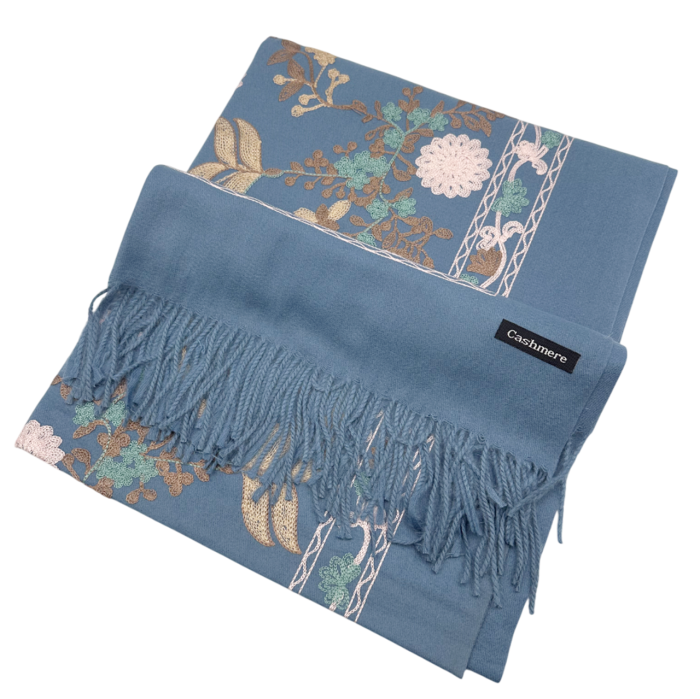 Esarfa tip Poncho cu broderie si franjuri Cashmere CHLOE, Albastru [4]