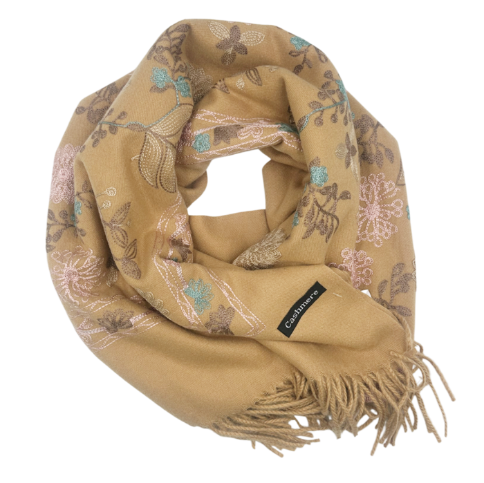 Esarfa tip Poncho cu broderie si franjuri Cashmere CHLOE, Maro [2]