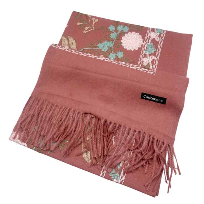 Esarfa tip Poncho cu broderie si franjuri Cashmere CHLOE, Roz prafuit [4]