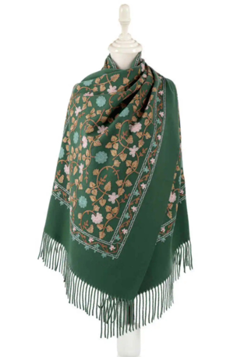 Esarfa tip Poncho cu broderie si franjuri Cashmere CHLOE, Verde [4]