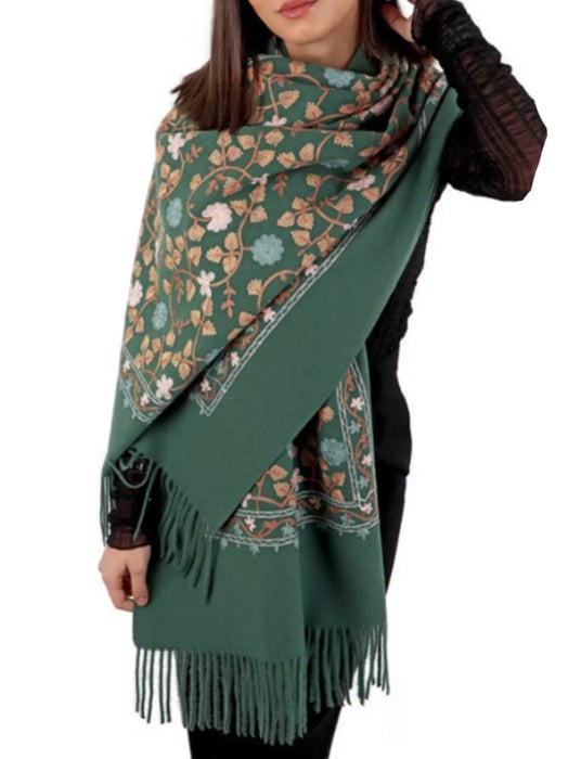 Esarfa tip Poncho cu broderie si franjuri Cashmere CHLOE, Verde [5]