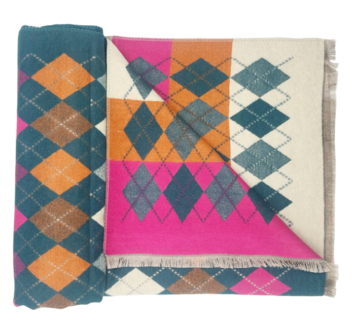 Esarfa tip Poncho in carouri ALBERTINA, Turcoaz, 65x185cm [3]