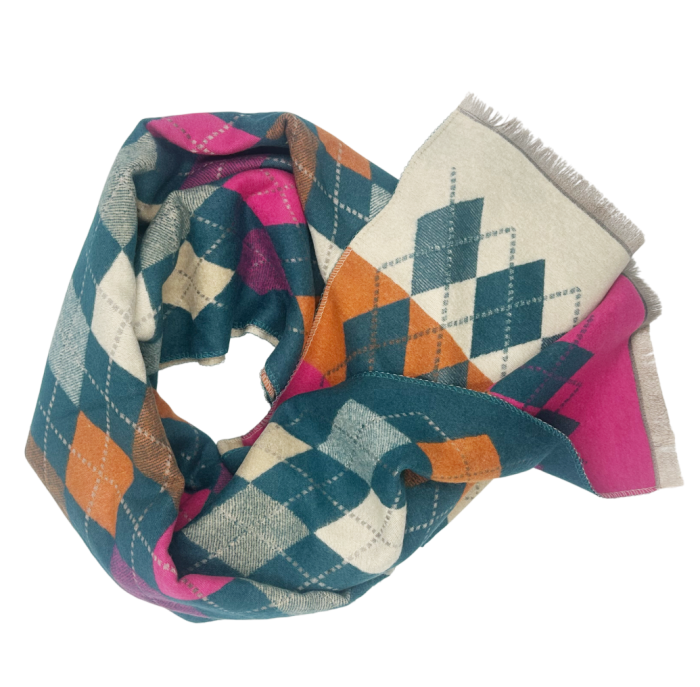Esarfa tip Poncho in carouri ALBERTINA, Turcoaz, 65x185cm [2]