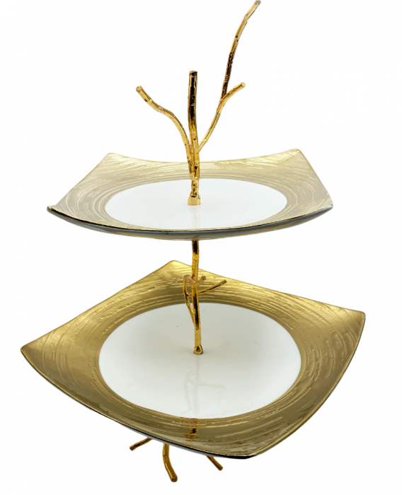 Etajera cu 2 Platouri MARGOT, Alb/ Auriu, Portelan [2]