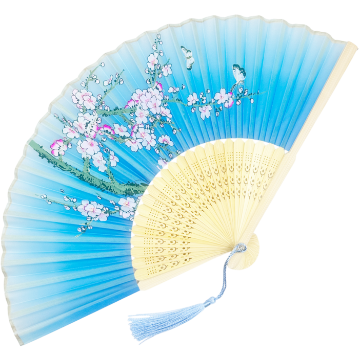 Evantai Albastru din Bambus si Textil KYOTO cu Flori [2]