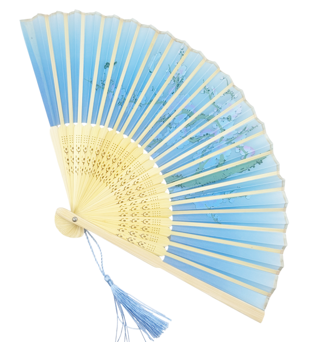 Evantai Albastru din Bambus si Textil KYOTO cu Flori [4]