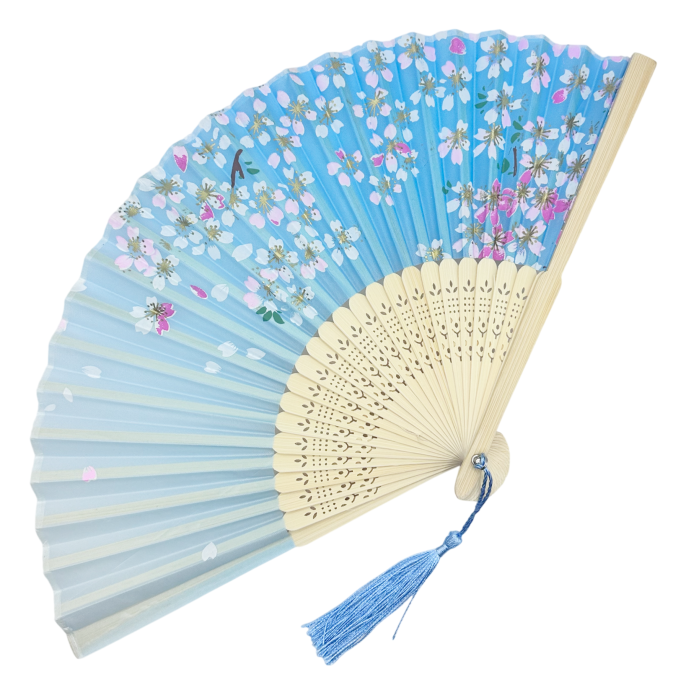 Evantai Albastru din Bambus si Textil SAKURA cu Flori [2]