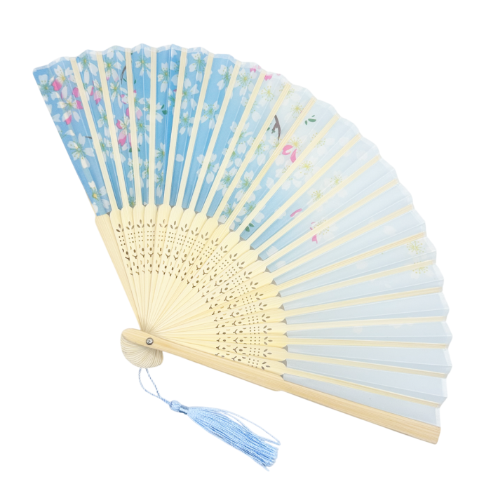 Evantai Albastru din Bambus si Textil SAKURA cu Flori [2]