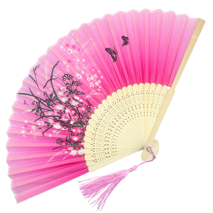 Evantai Fucsia din Bambus si Textil KYOTO cu Flori [2]