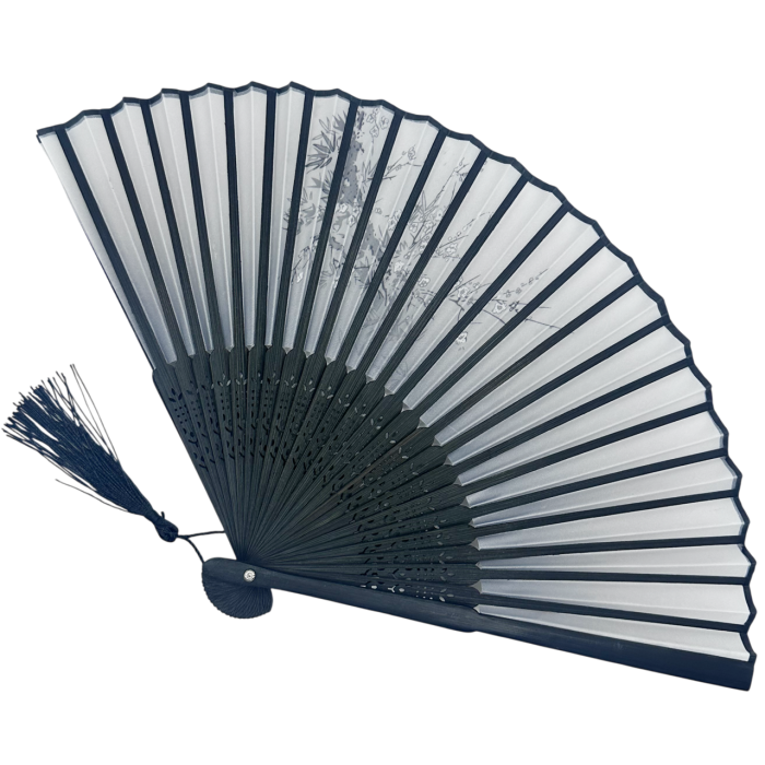 Evantai Gri din Bambus si Textil BLACK SAKURA cu Flori [3]