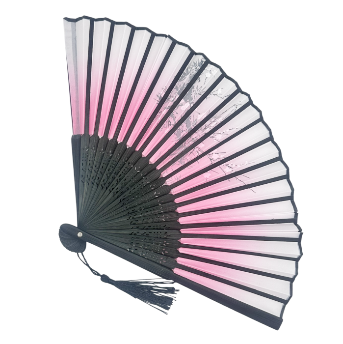 Evantai Roz din Bambus si Textil BLACK KYOTO cu Flori [3]