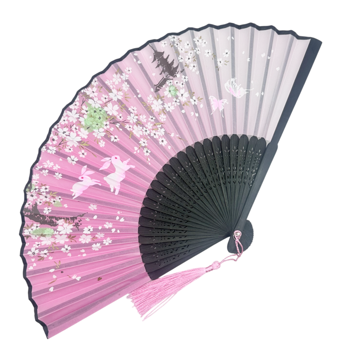 Evantai Roz din Bambus si Textil BLACK OSAKA cu Flori [4]