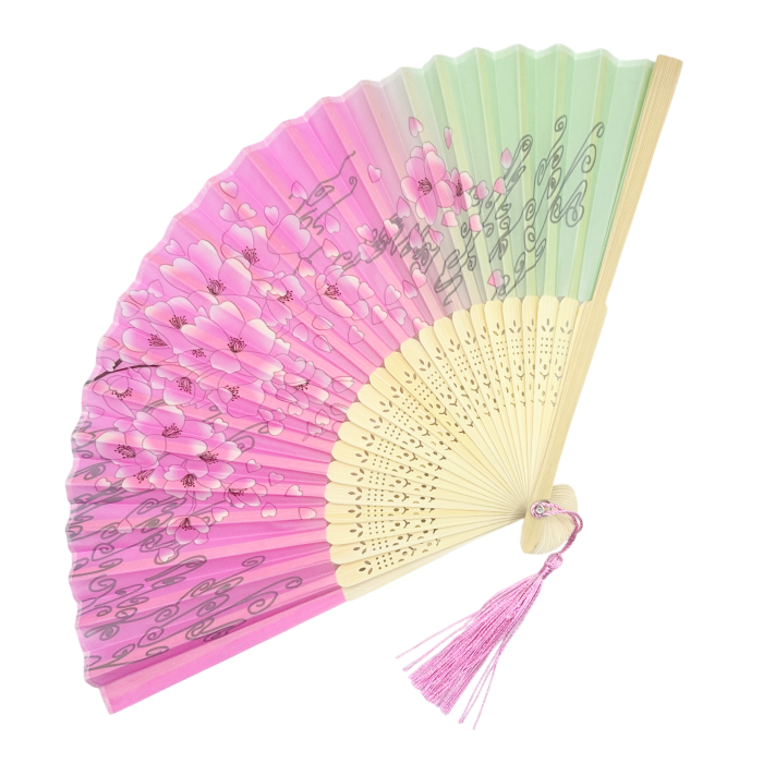 Evantai Roz-Verde din Bambus si Textil SAKURA cu Flori [2]
