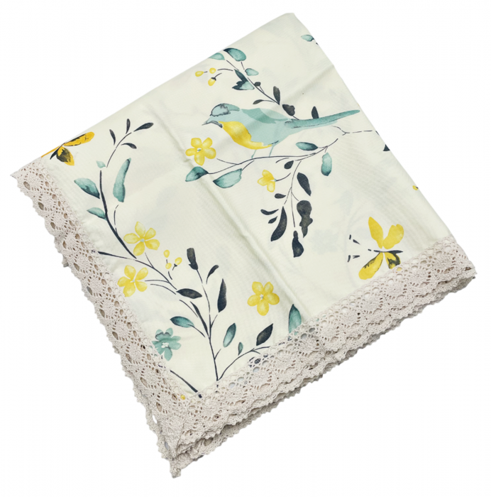 Fata de masa BIRD GARDEN cu flori si pasari - cu dantela [2]