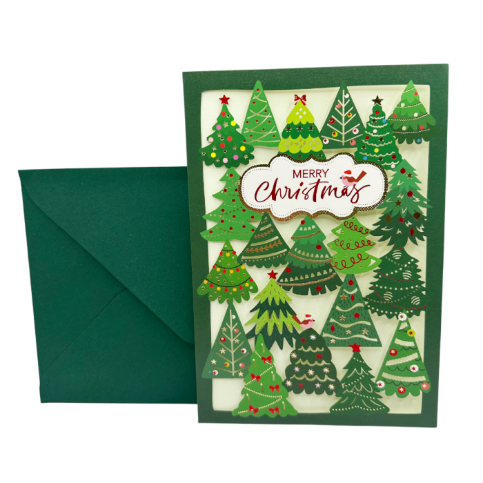 Felicitare MERRY CHRISTMAS cu brazi verzi și plic asortat [1]