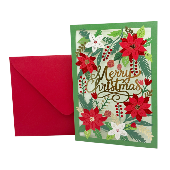 Felicitare MERRY CHRISTMAS cu flori de Crăciun și plic roșu [1]