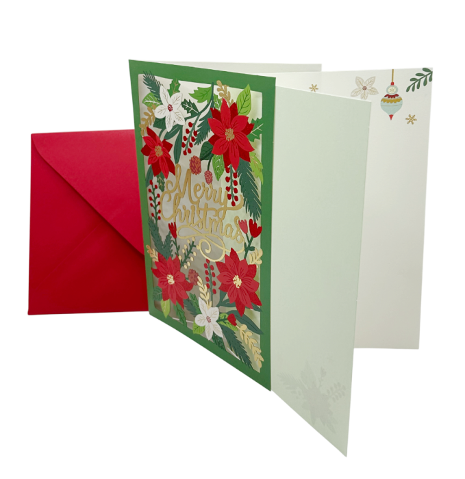 Felicitare MERRY CHRISTMAS cu flori de Crăciun și plic roșu [2]