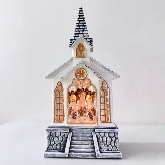 Felinar cu LED, Muzică și Efect Sclipici – Bisericuta Decorativă cu Ingeri HOLLY [2]