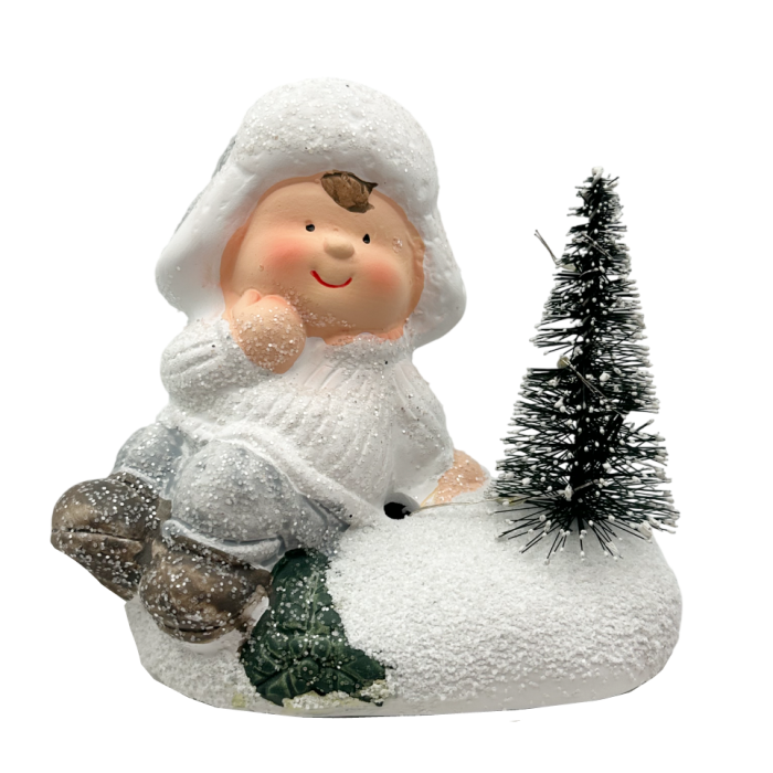 Figurină decorativă copil în zăpadă cu brăduț și LED – decorațiune de Crăciun [1]