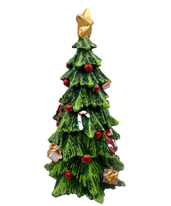 Figurină decorativă brad de Crăciun cu stea aurie și cadouri – decor festiv de iarnă [2]