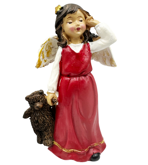 Figurină Îngeraș cu Rochita rosie si Ursuleț HOLLY - Decor Crăciun [1]