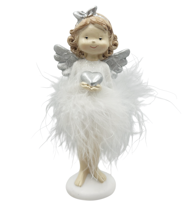 Figurină îngeraș cu pene albe și inimă argintie – decor delicat de Crăciun [1]