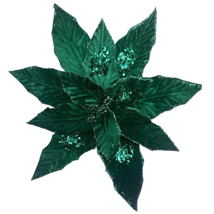 Floare decorativă cu sclipici si paiete - Craciunita REINA, Verde inchis, 32cm [1]