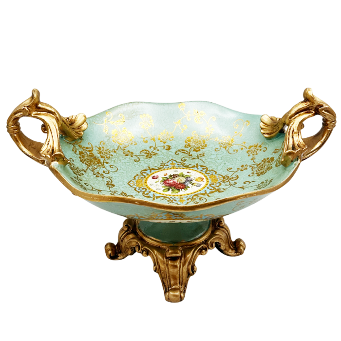 Fructiera decorativa vintage PAULETTE - Model Floral, Bleu/ Auriu, 20x35cm [3]