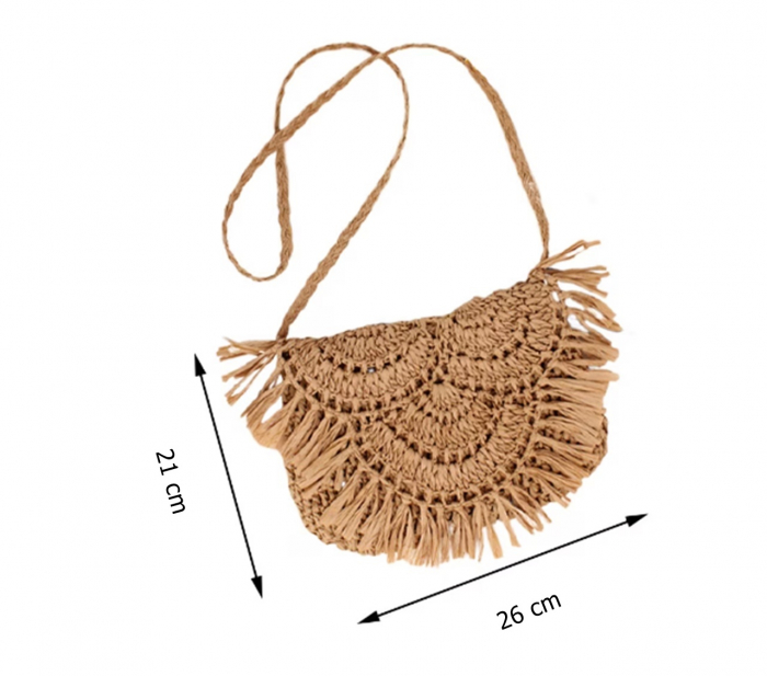 Geanta din paie albastra stil boho JOSETTE, cu franjuri decorative [7]