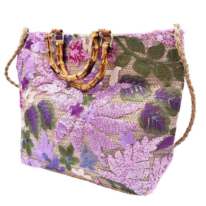Geanta din Paie FLORES mov cu Broderie si paiete - Geanta Eleganta [3]