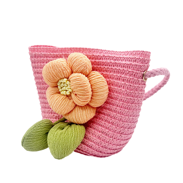 Geanta din paie FLORES pentru fetite - roz cu floare [2]