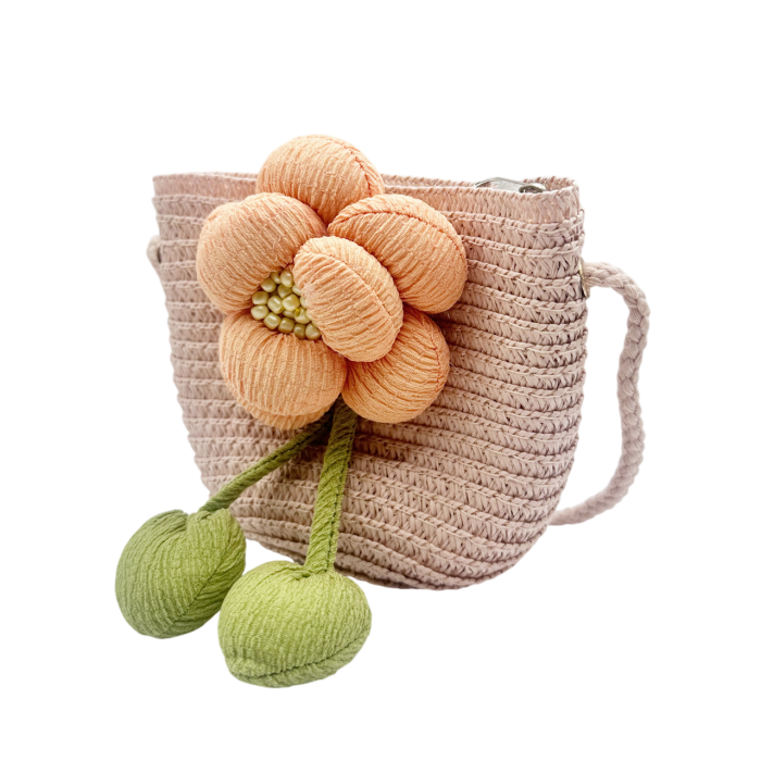 Geanta din paie FLORES pentru fetite - roz pal cu floare [3]