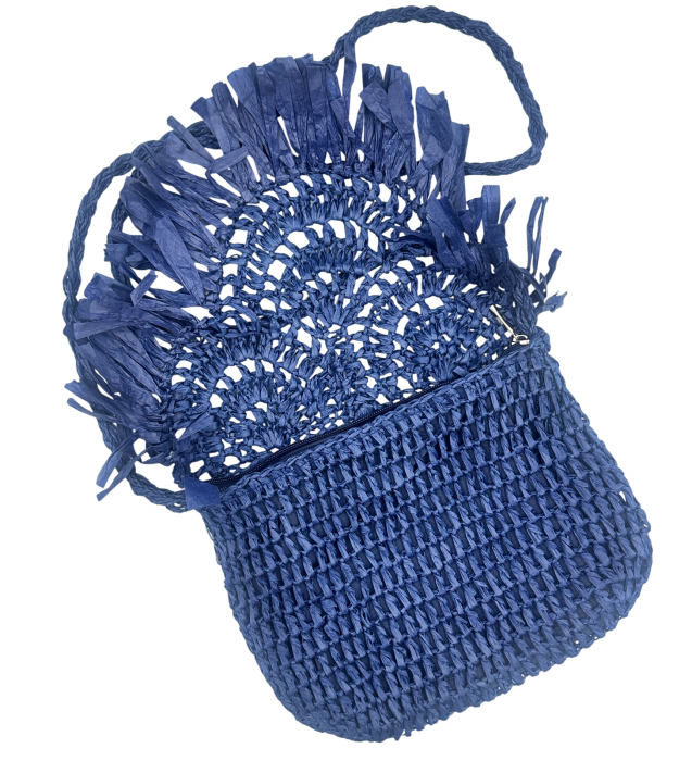 Geanta din paie albastra stil boho JOSETTE, cu franjuri decorative [2]