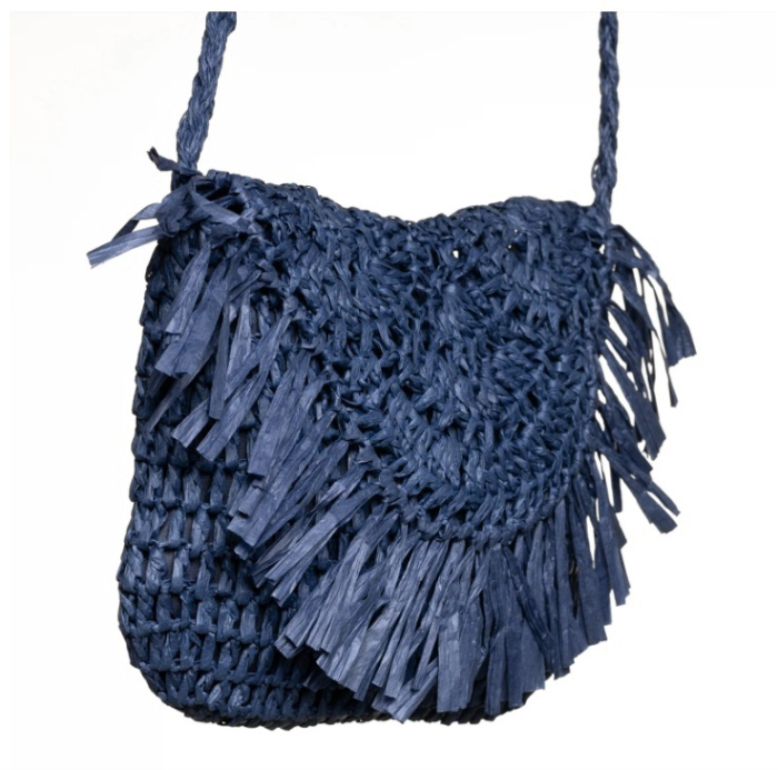 Geanta din paie albastra stil boho JOSETTE, cu franjuri decorative [4]