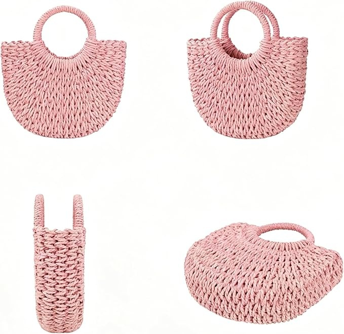 Geanta semirotunda roz-prafuit din paie SORRENTO - Geanta Boho de Vara [3]