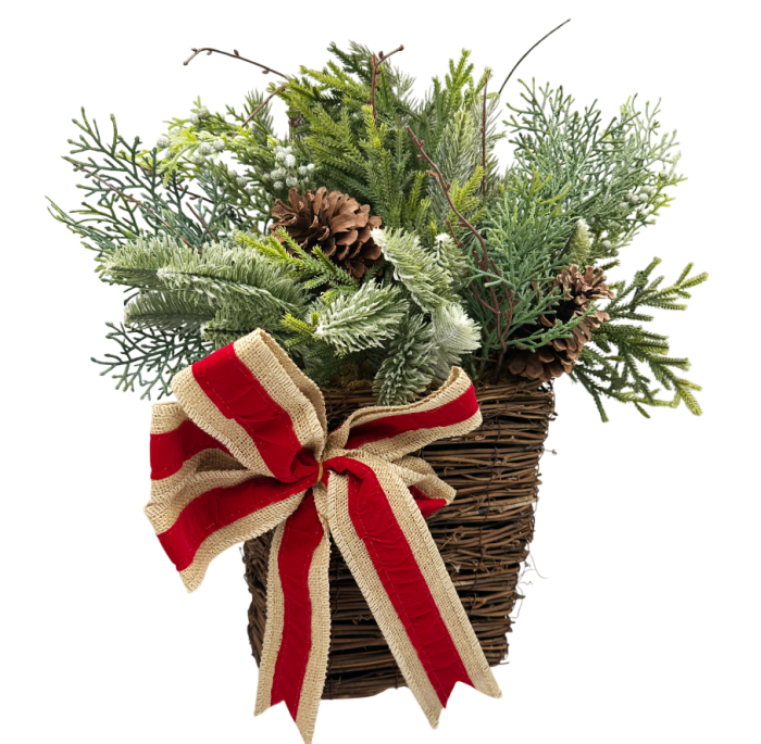 Aranjament de Crăciun cu conuri și fundă roșie [1]