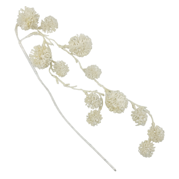 Ramură decorativă cu pompoane și sclipici BELLE, Alb ivoire, 45cm [1]