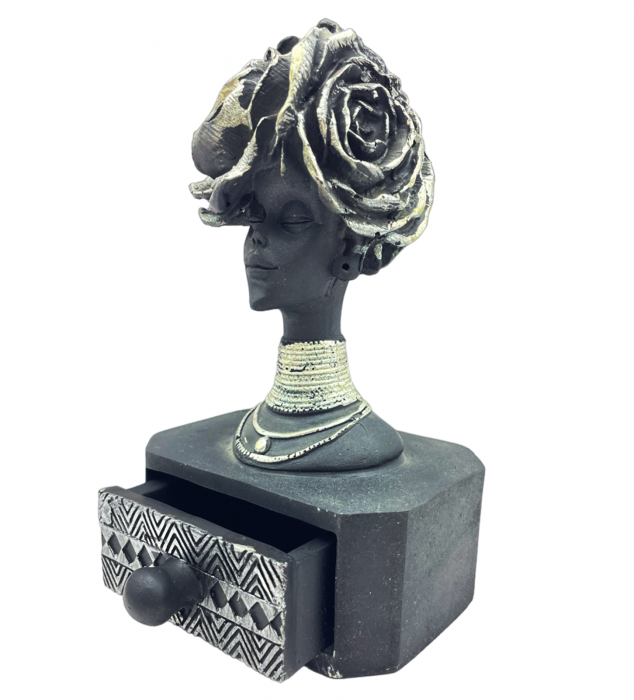 Statueta africana - Caseta bijuterii ZURI, Negru/ Argintiu [2]