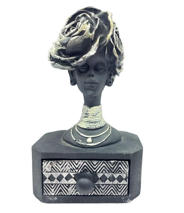 Statueta africana - Caseta bijuterii ZURI, Negru/ Argintiu [4]