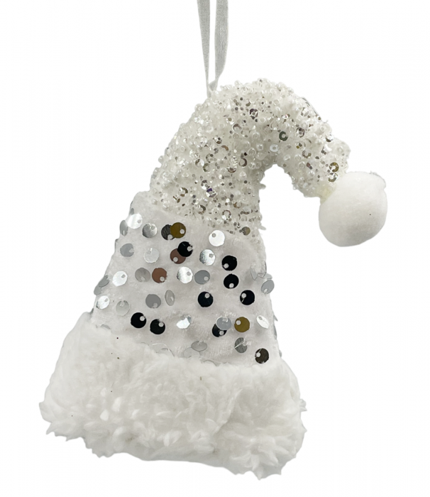 Ornament brad Craciun Caciulita FLUFFY, Alb, 12cm [1]