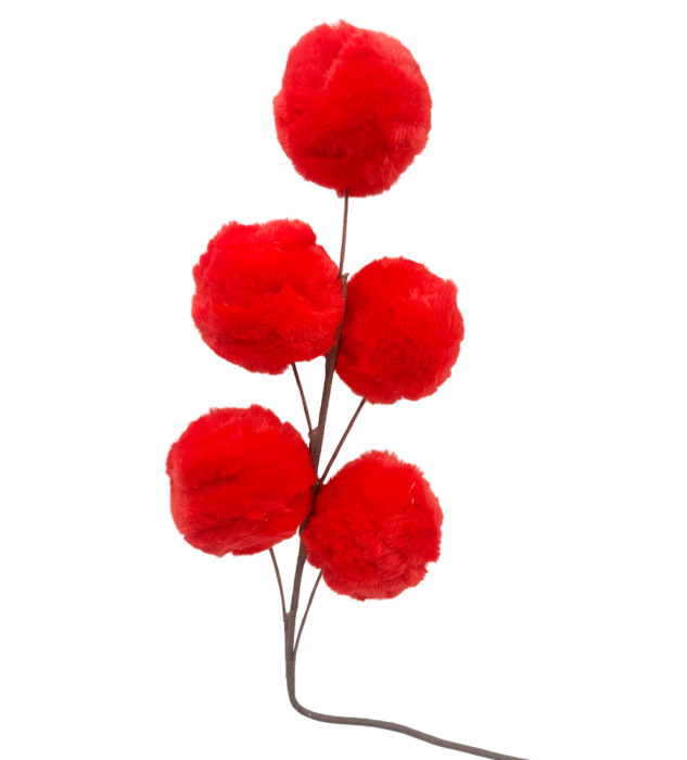 Ramura decorativa cu pompoane - decor Craciun FLUFFY, Rosu, 50cm [1]