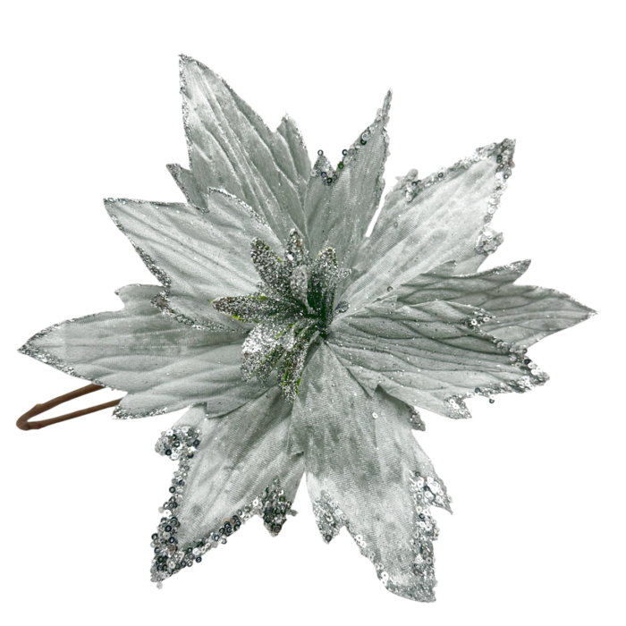 Floare decorativă cu sclipici - Craciunita GLAM, Argintiu, 28cm [1]